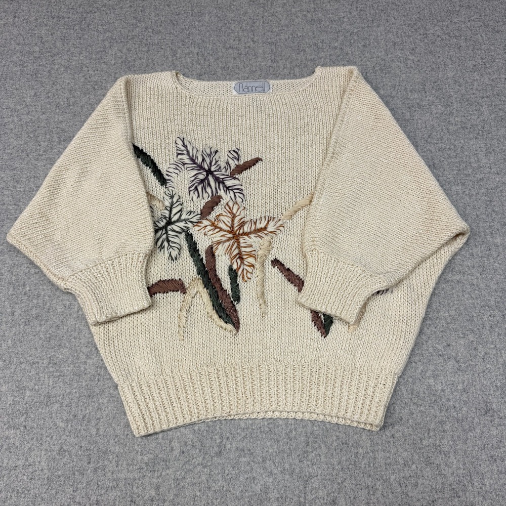 Nannell Vintage Hand Knit Floral Embroidered Sweater Size M Cream Batwing Sleeve